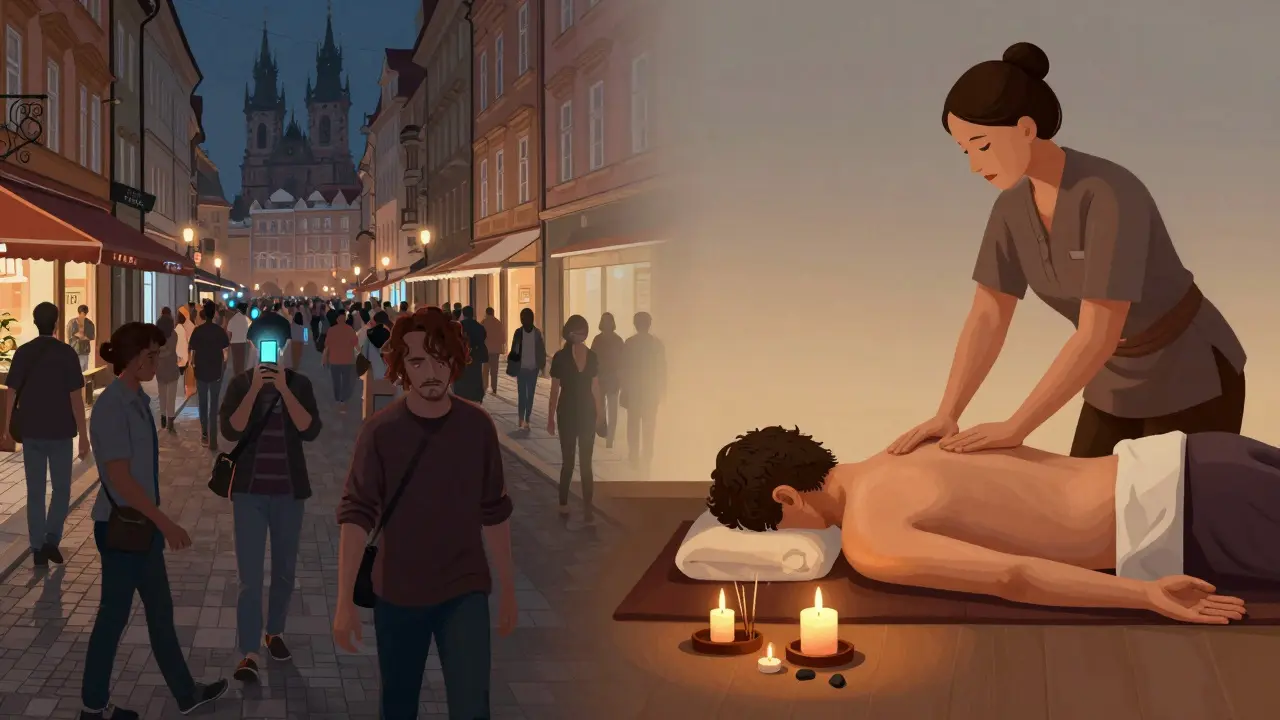 Contrast between a stressful city scene and a tranquil Thai massage setting, symbolizing escape from modern stress.