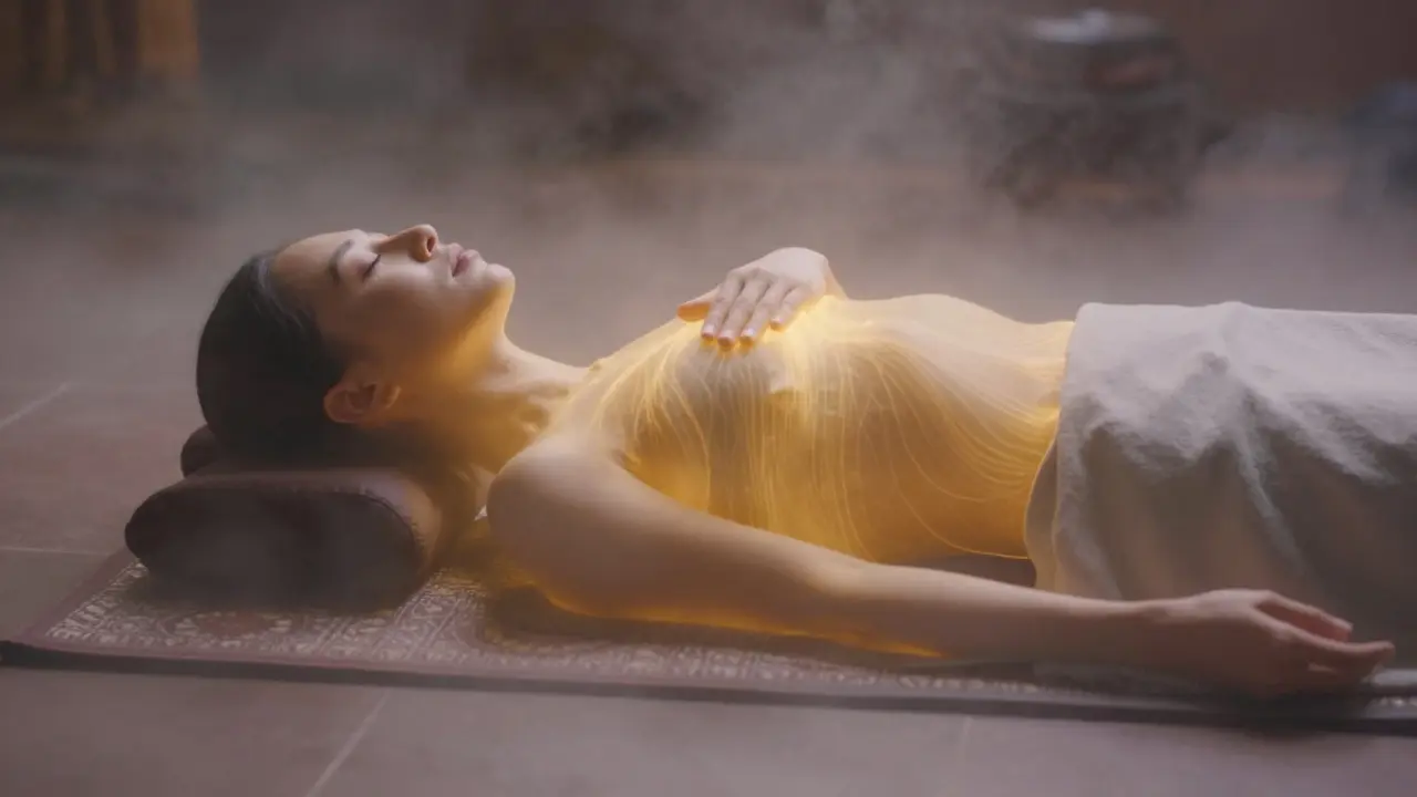 Klient po masáži v klidu, s jemným zlatým zářením kolem těla a miznoucími energetickými linkami.
