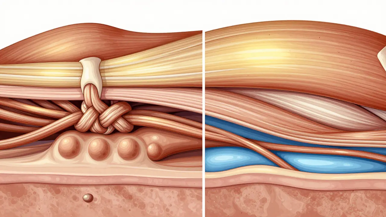 Křížový řez tkáně před a po Breussové masáži: zatlučená pojivová tkáň se přeorganizuje do hladké struktury.
