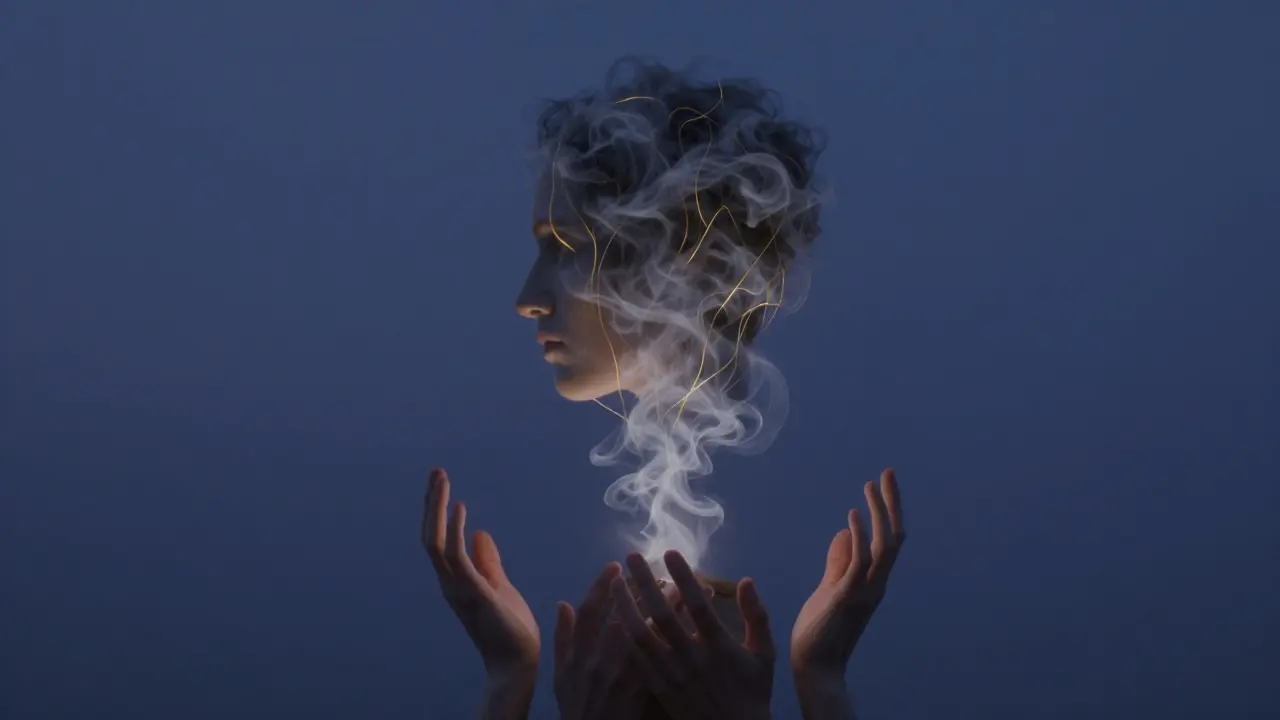 Symbolický obraz hlavy, ze které vystupují zlaté niti, znázňující uvolnění mentálního napětí.