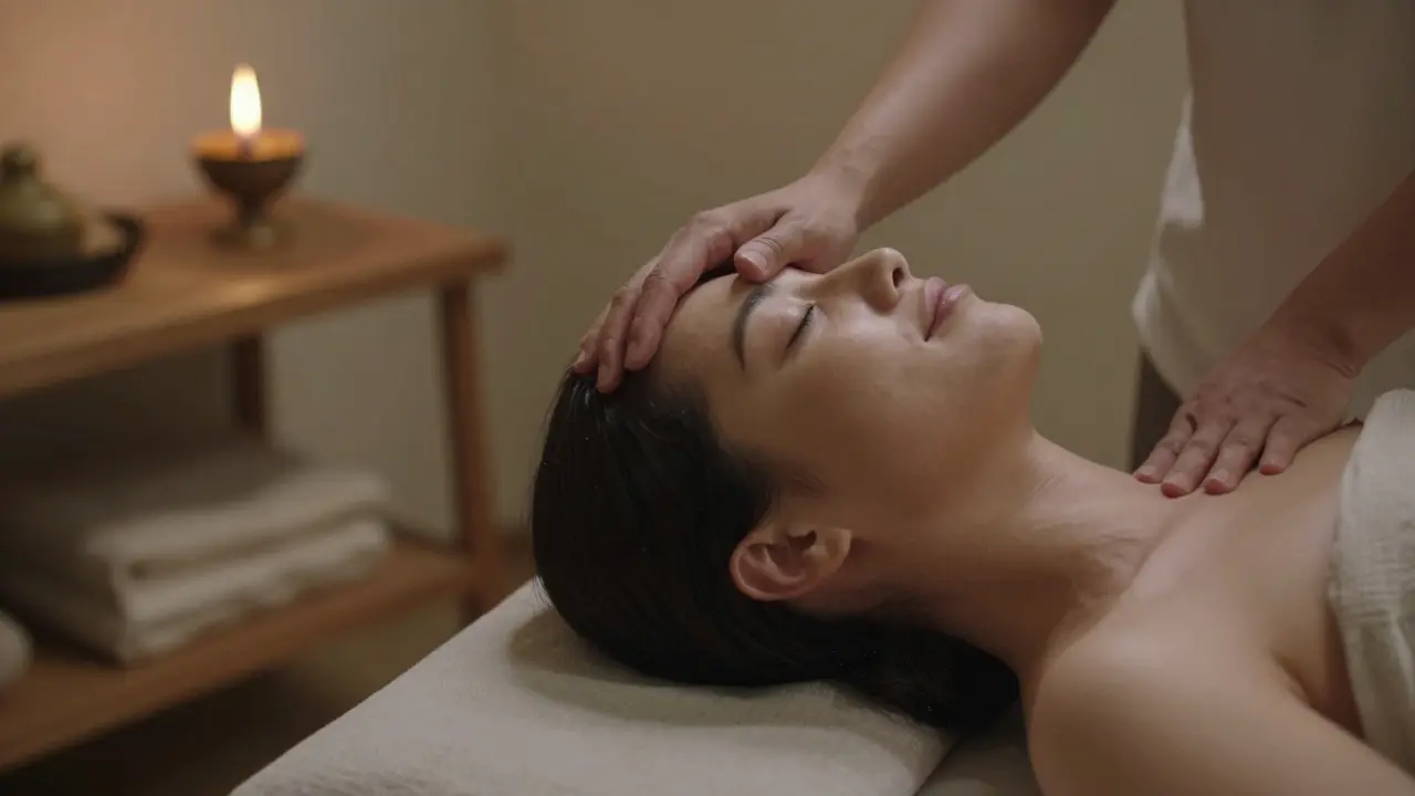 Terapeut jemně masíruje hlavu a krk klienta v klidném, svíčkově osvětleném prostoru.