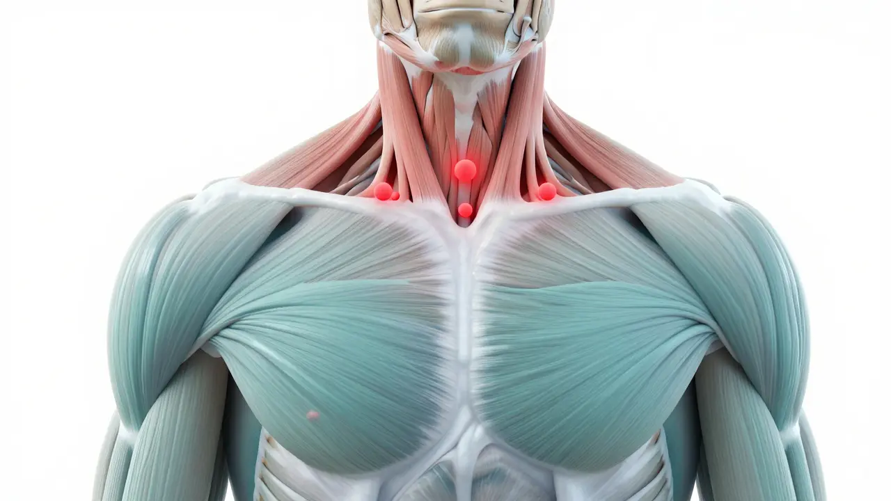 Anatomické znázornění svalů krku a ramen s červenými body označujícími trigger pointy.