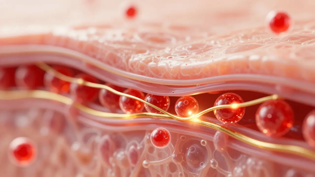 Detailní pohled na mikrooběh krve a lymfy v tkáních kůže.
