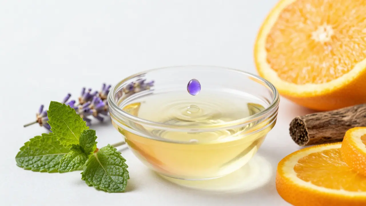 Kapička esenciálního oleje dopadající do nosného oleje obklopená bylinkami a citrusy.