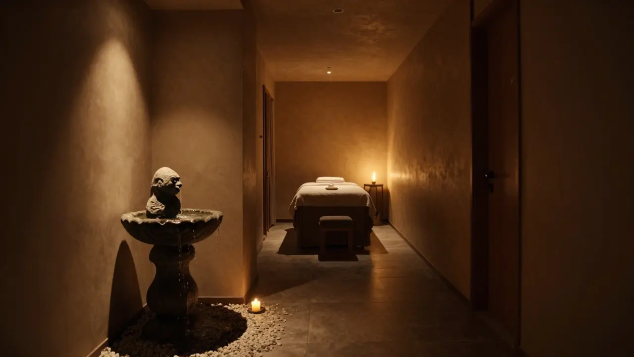 Klidná a uklidňující chodba v masážním salonu s teplým osvětlením