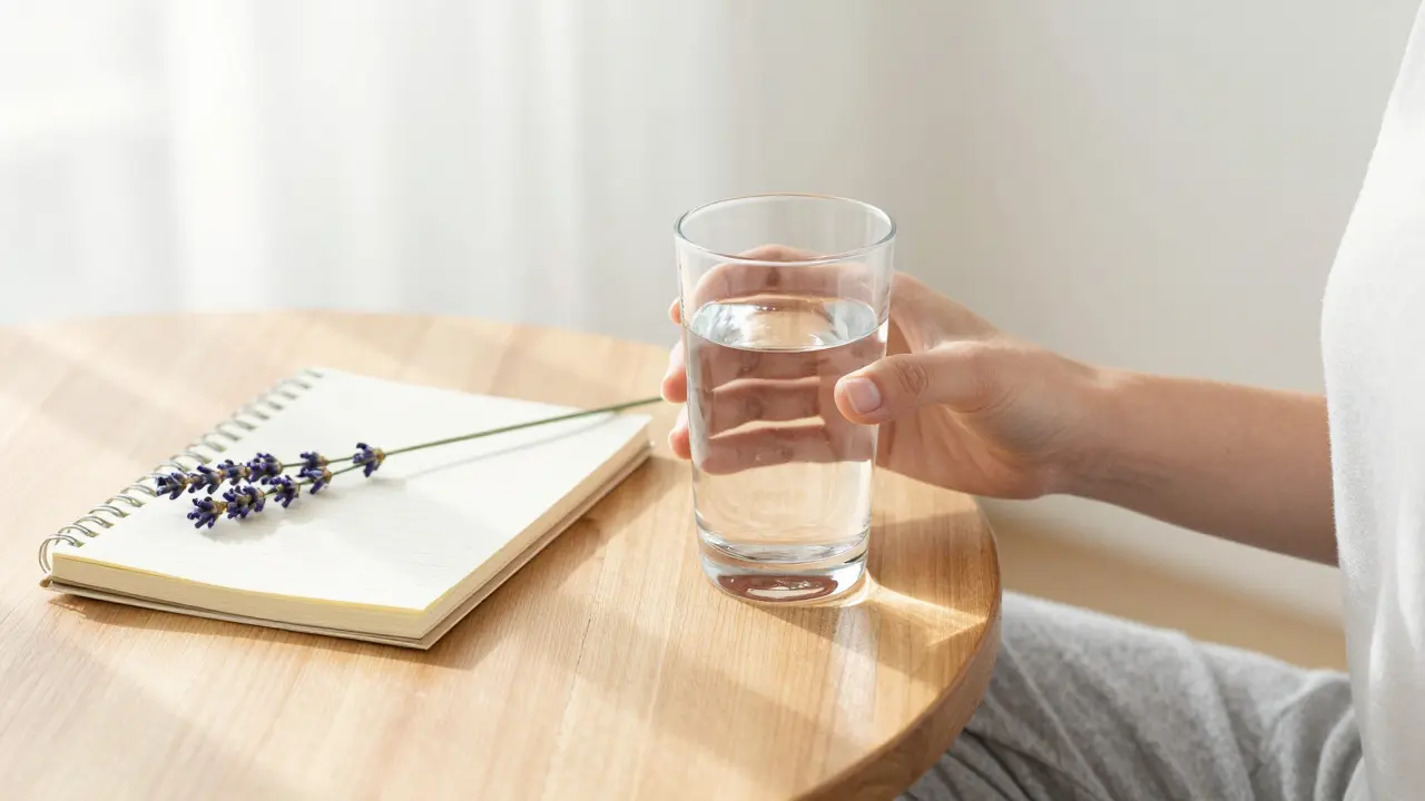 Klidný člověk pijící vodu jako součást regenerace po masáži.