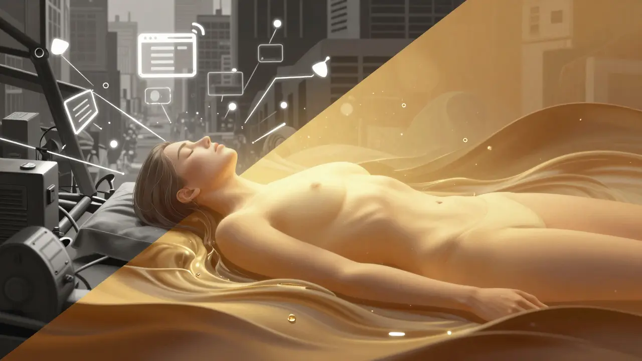 Konceptuální obraz přechodu od stresu a digitálního hluku k hlubokému uvolnění