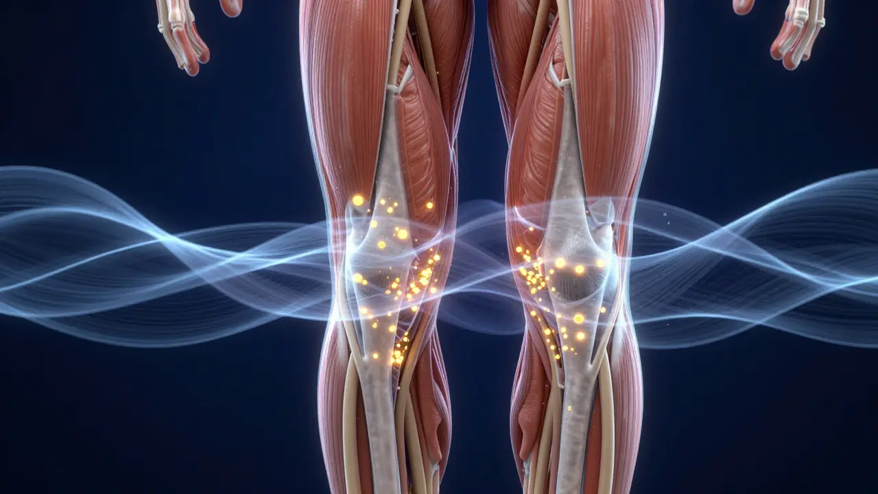 Konceptuální vizualizace lymfatického systému a proudů tekutin v tkáních nohy.