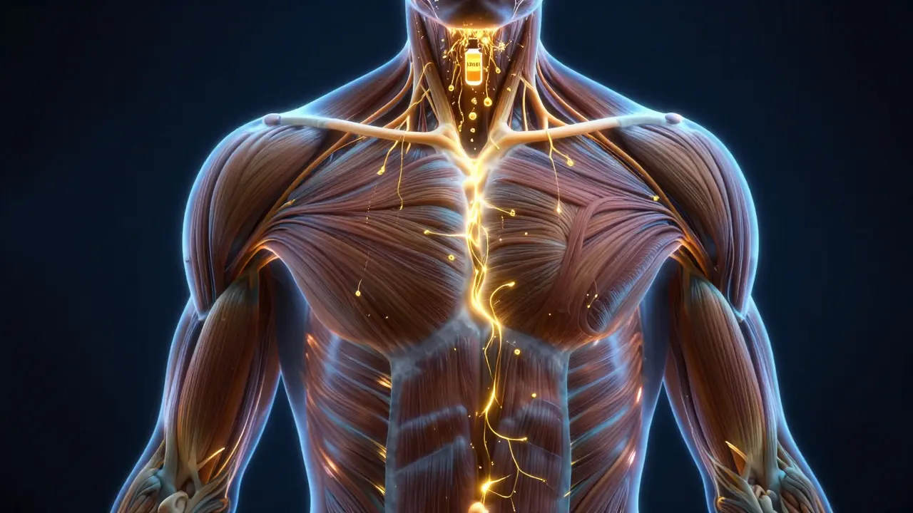 Konceptuální znázornění pronikání esenciálních olejů do svalů a lymfy.