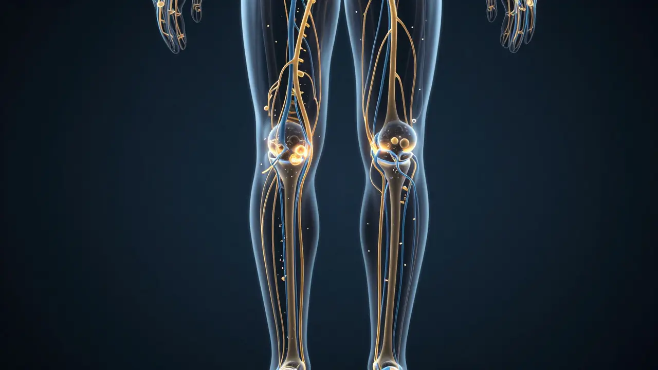 Konceptuální zobrazení lymfatického systému s proudícími tekutinami v noze.