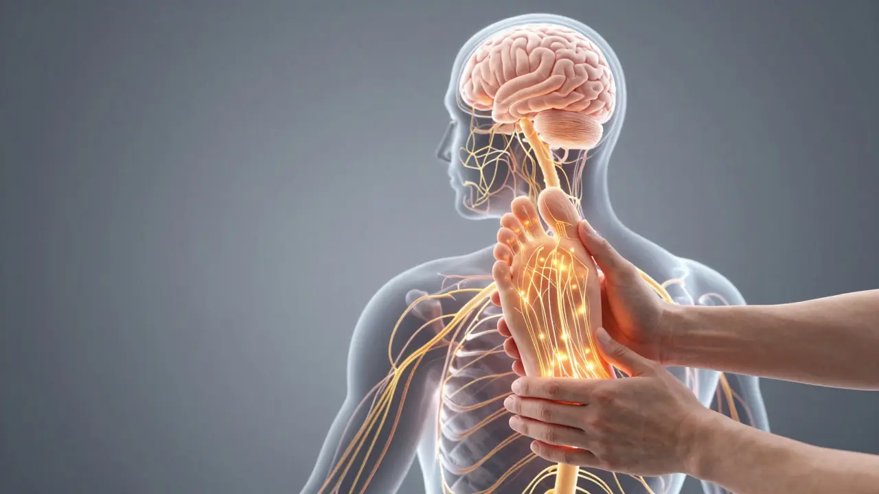 Konceptuální zobrazení propojení reflexních bodů na chodidle s hlavou.