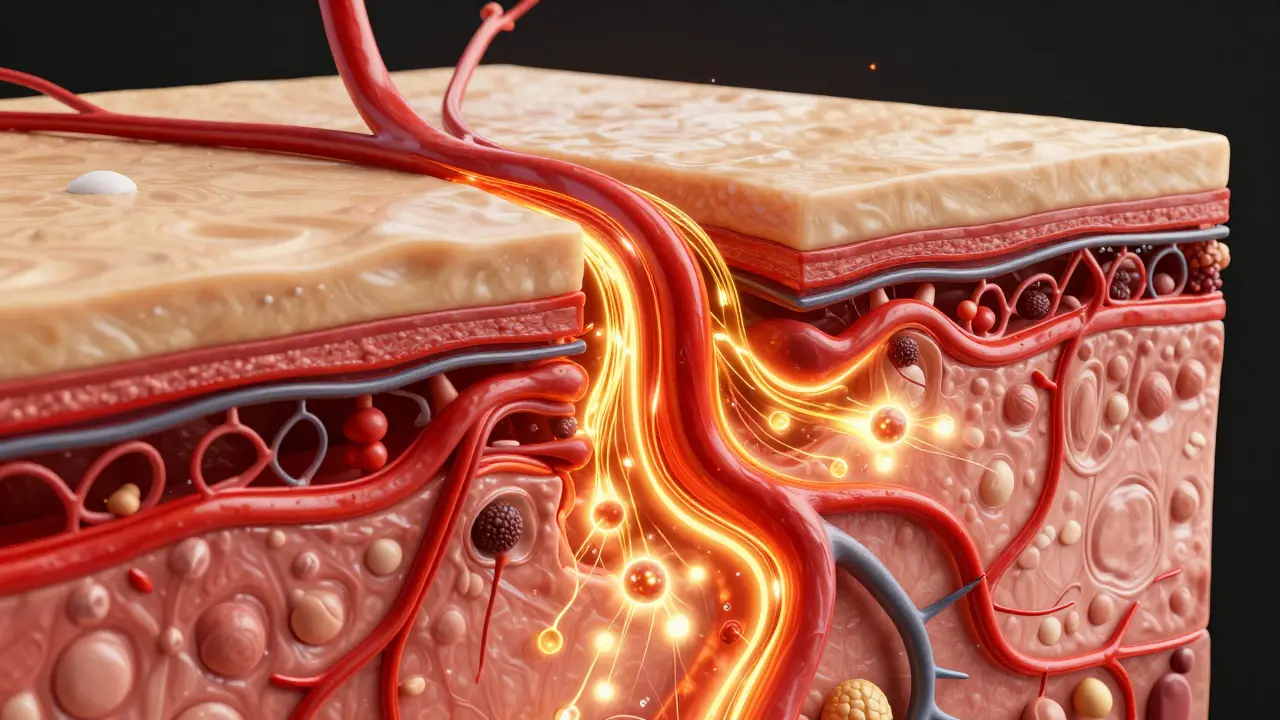 Konceptuální zobrazení proudění krve a lymfy v tkáních během detoxikace
