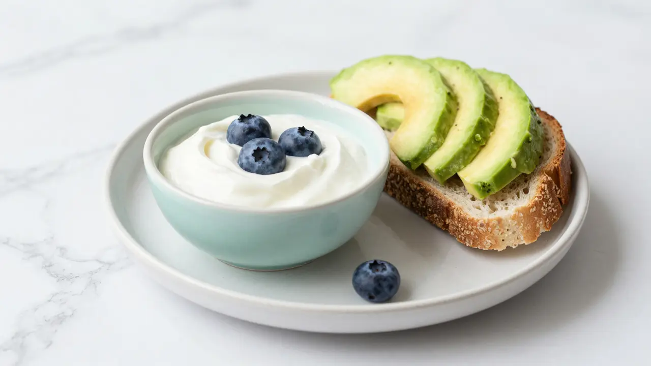 Lehké a zdravé jídlo s jogurtem a avokádem na mramorové desce