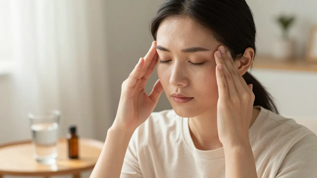 Osoba s zavřenýma očima si jemně masíruje spánky v uklidňujícím domácím prostředí.