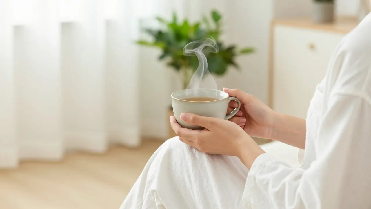 Osoba v pohodlném oblečení s šálkem teplého čaje v minimalistickém interiéru