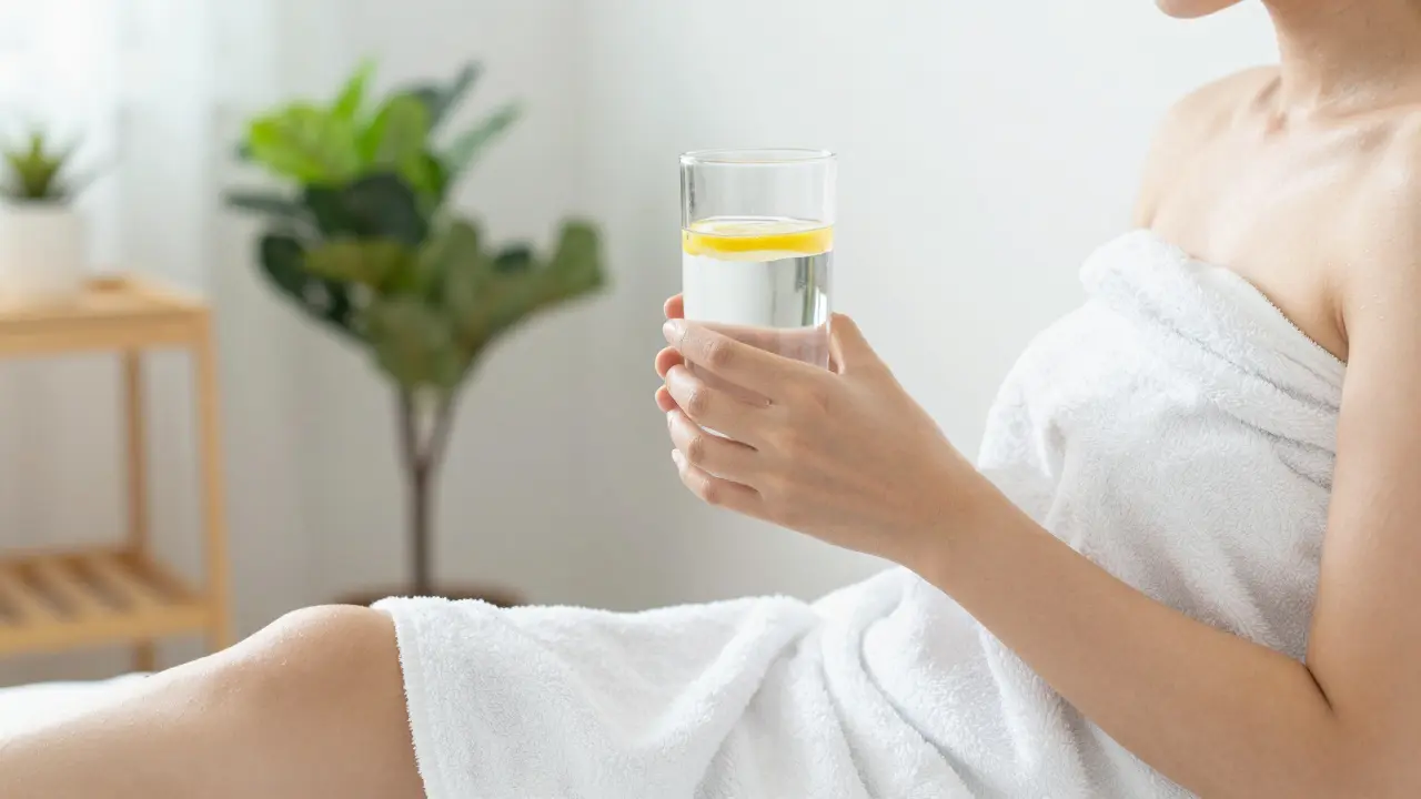 Osvěžená osoba s pohárem vody po medové masáži