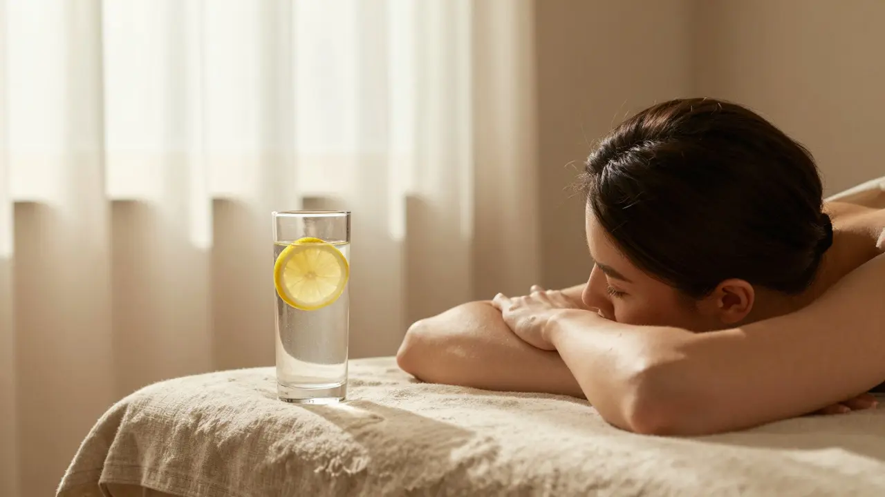 Relaxovaná osoba v minimalistickém prostředí s pohárem vody po vakuoterapii.