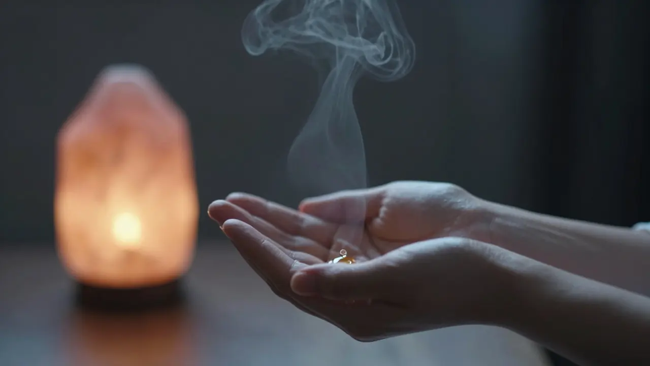 Rukama držené esenciální oleje s jemnou párou symbolizující vdechování vůně.