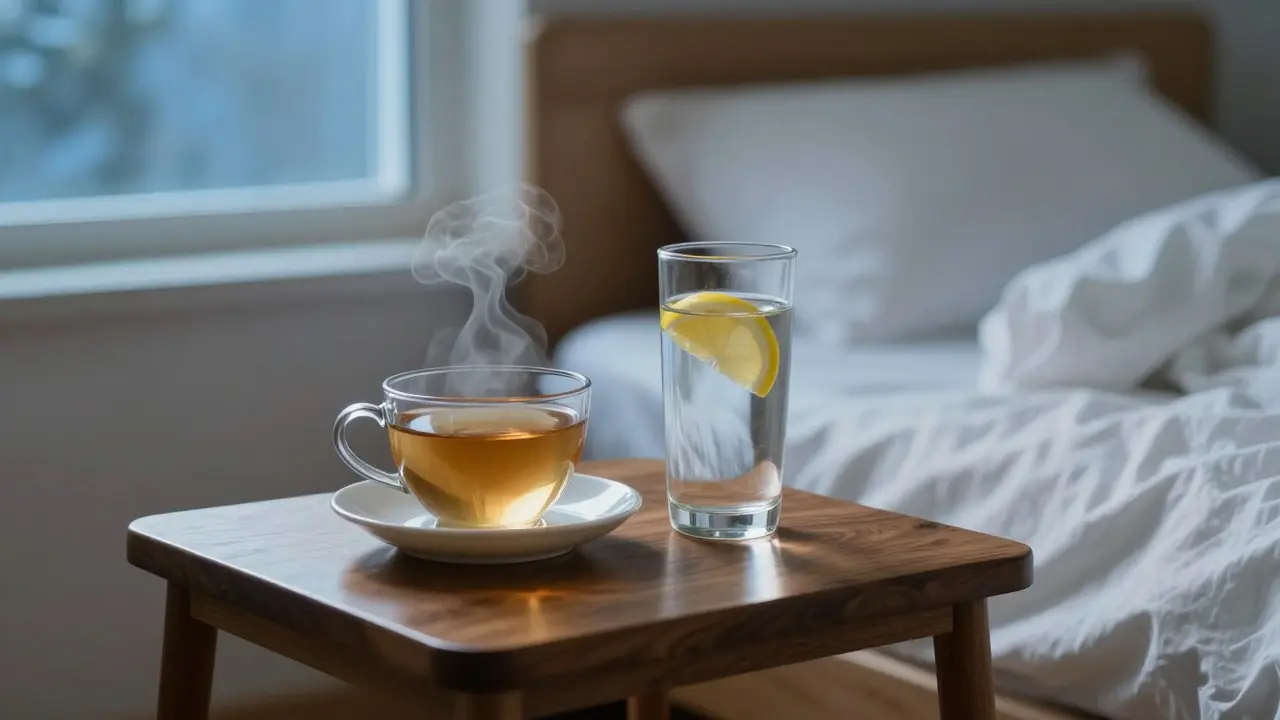 Šálek čaje a sklenice vody u postele symbolizující regeneraci a klid.