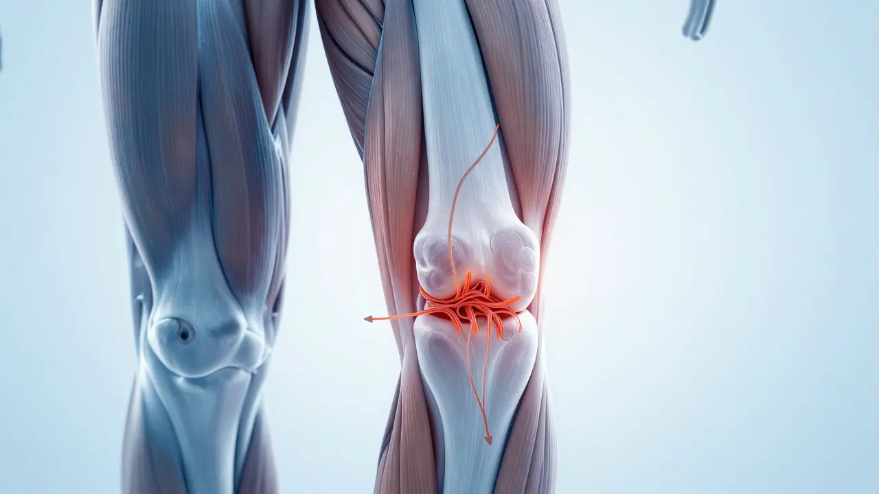 Anatomická ilustrace kolene ukazující jizvy a prokrvení tkání