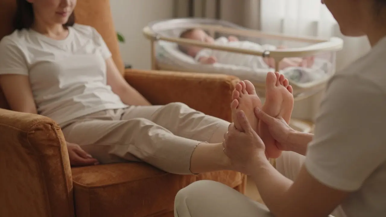 Partner jemně masíruje matku doma při večerním světle