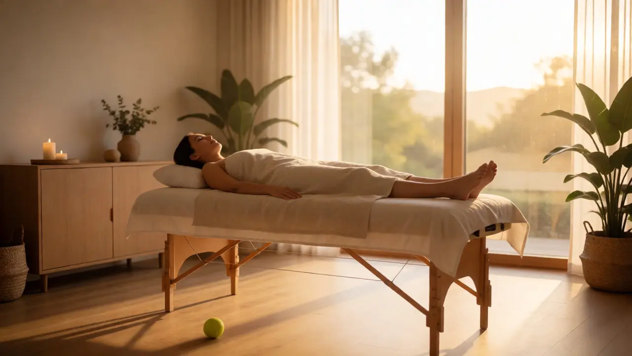 Klidná žena odpočívající po terapii v relaxačním prostoru