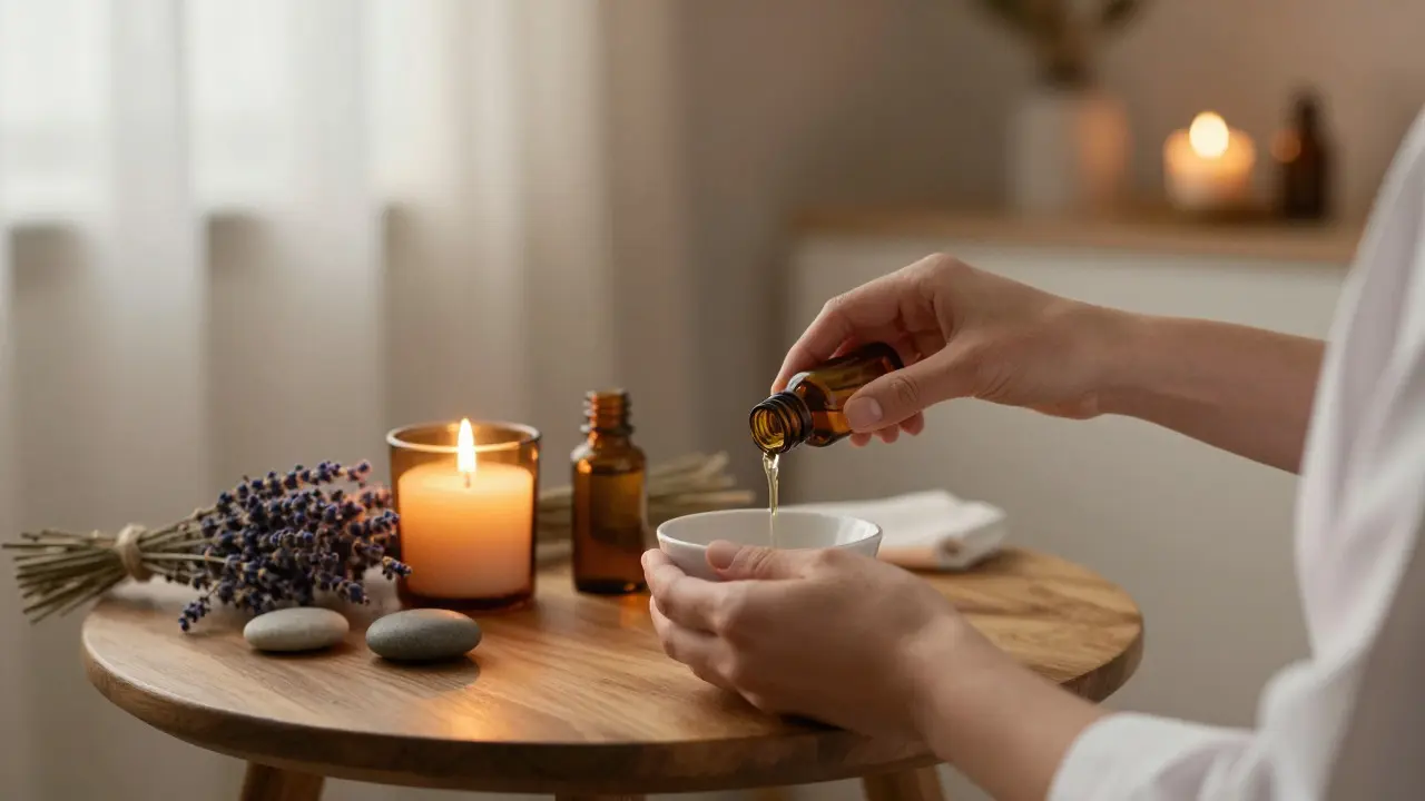 Klidné wellness studio s éterickými oleji a tlumeným světlem
