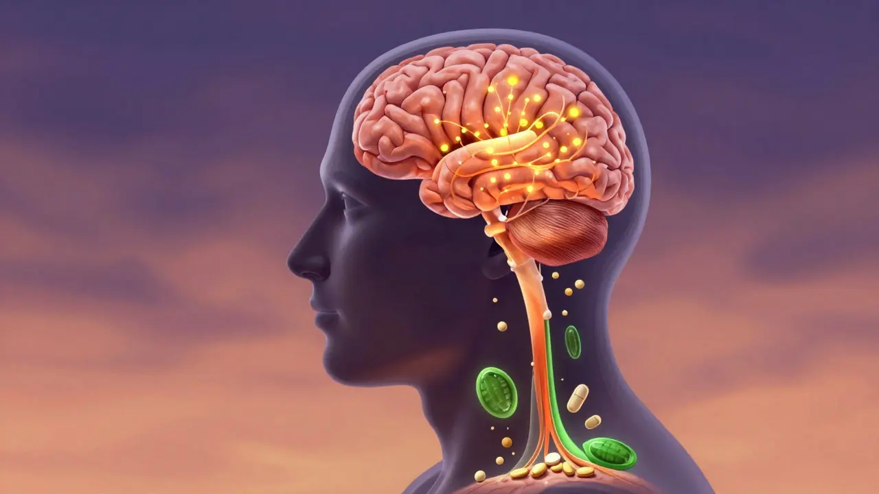 Konceptuální ilustrace ukazující vstřebávání antioxidantů z kakaa do kůže a mozku