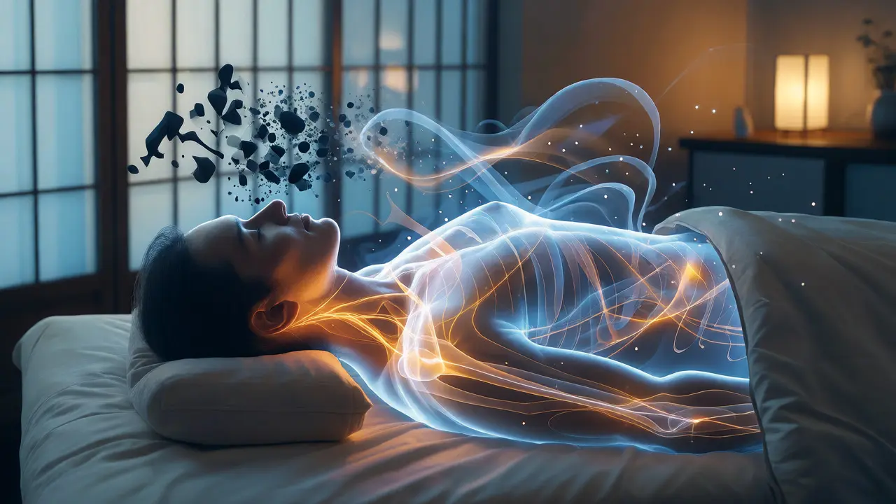 Konceptuální ilustrace uvolňování stresu a toku energie během terapie shiatsu s vizualizací meridiánů.