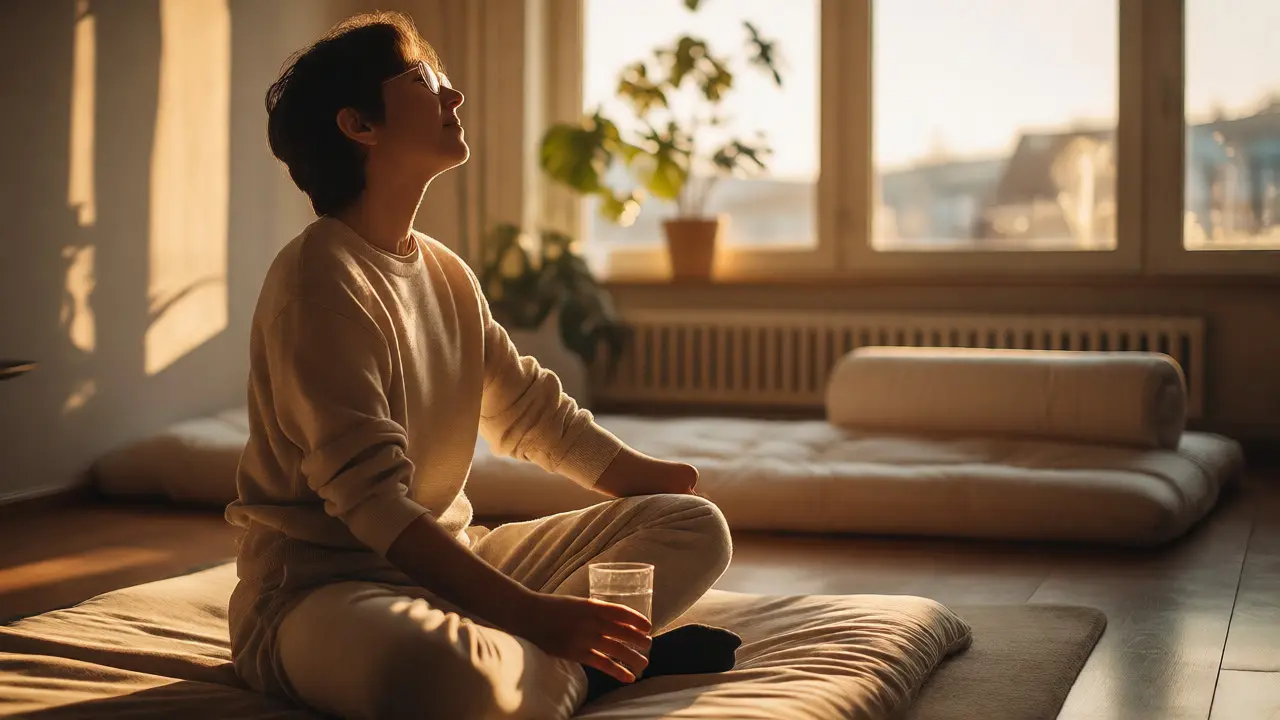 Relaxovaná osoba po masáži shiatsu pije vodu a protahuje se ve světlém interiéru bytu.