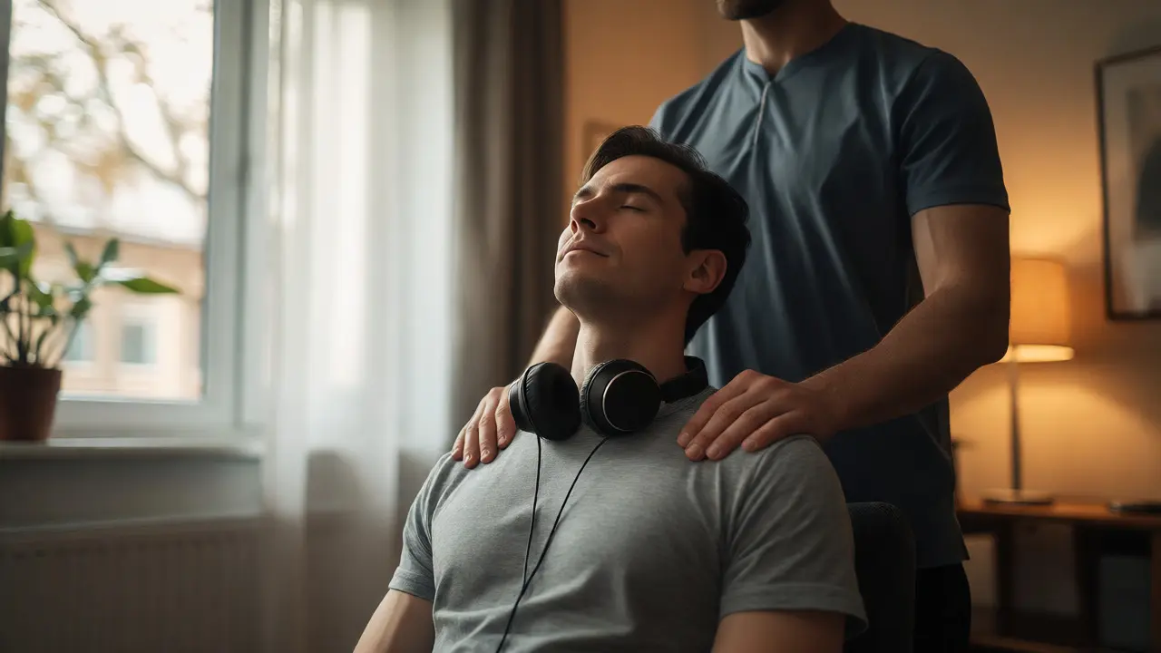 Klient v hluboké relaxaci po dokončení indické masáže hlavy v centru wellness.