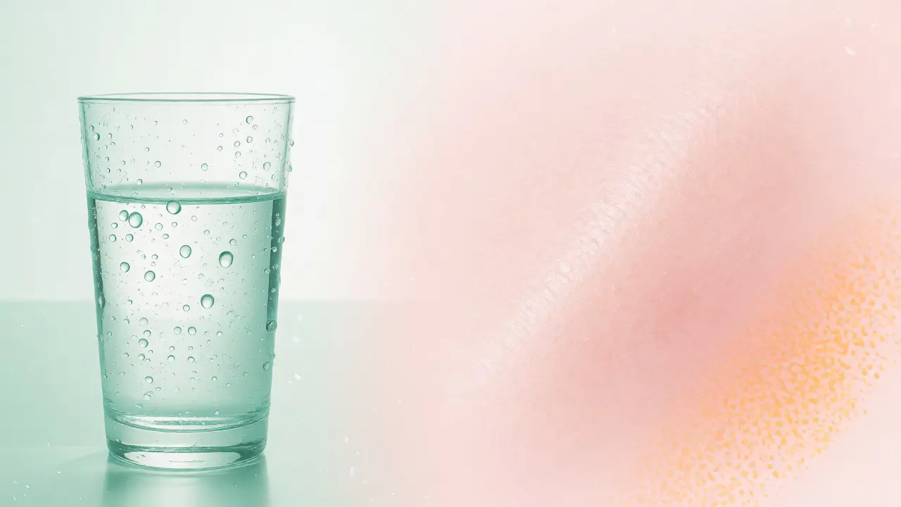 Sklenice vody a hladká kůže symbolizující hydrataci a výsledky terapie