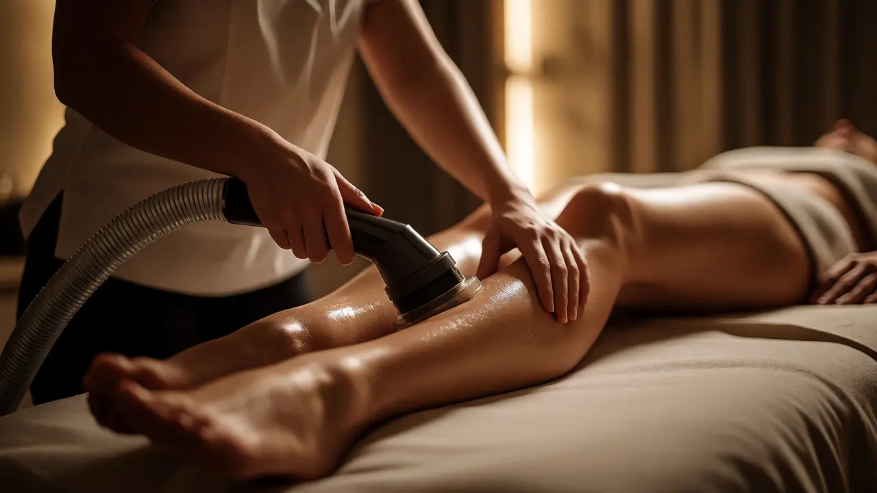 Terapeutka provádí vakuovou masáž nohou ve wellness centru