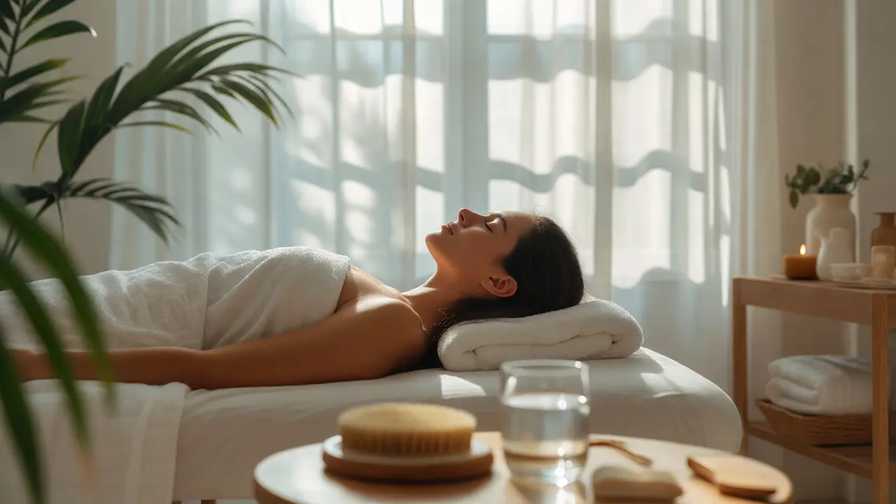 Žena relaxující na masážním stole v klidném prostředí lázní
